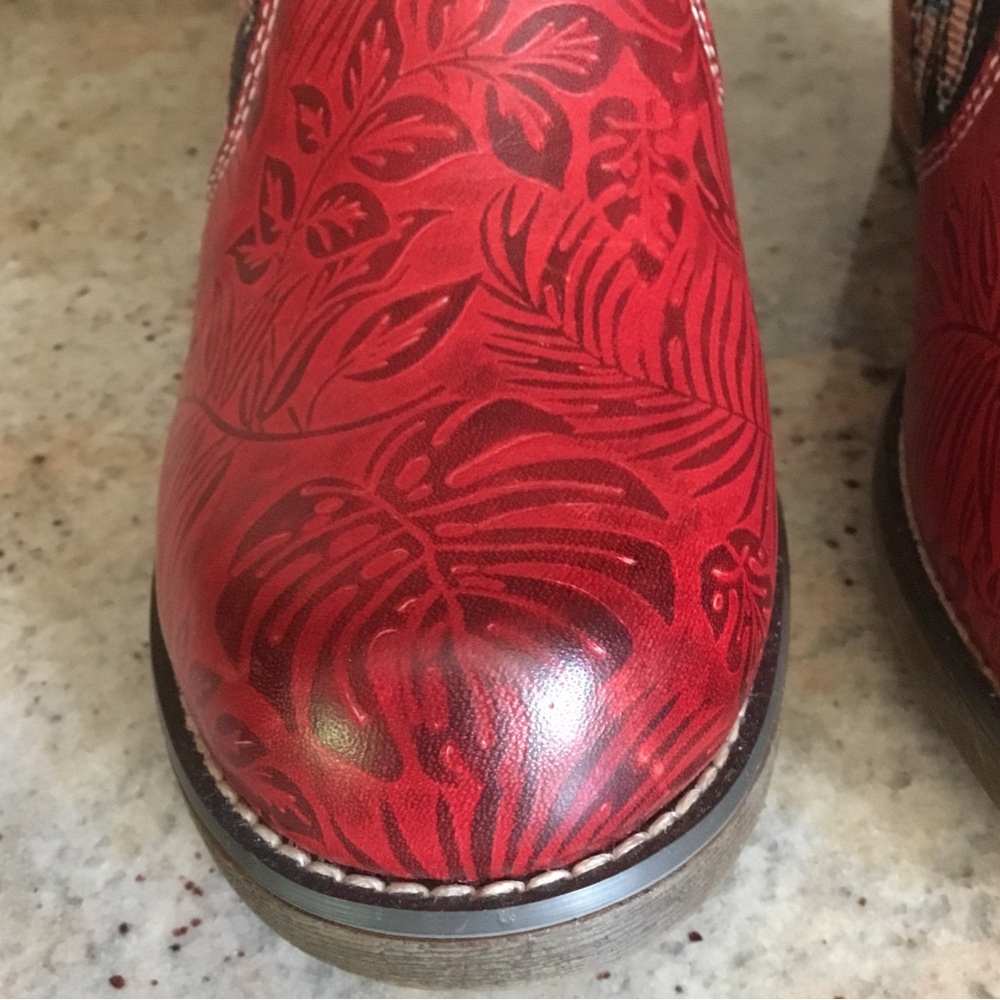 NEW Socofy Red Black Floral Boho Textile Tapestry Leather Tall Boots - Picture 6 of 13
